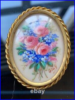 Romantic Antique French Victorian Brooch Cameo Hand painted & Signed Gily