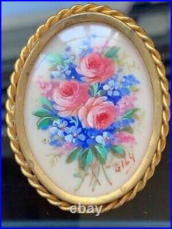 Romantic Antique French Victorian Brooch Cameo Hand painted & Signed Gily