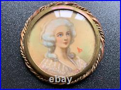 Romantic French Antique Victorian Brooch Hand-painted lady, signed 1 5/8