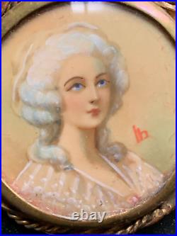 Romantic French Antique Victorian Brooch Hand-painted lady, signed 1 5/8