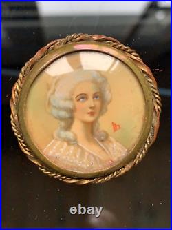 Romantic French Antique Victorian Brooch Hand-painted lady, signed 1 5/8