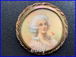 Romantic French Antique Victorian Brooch Hand-painted lady, signed 1 5/8