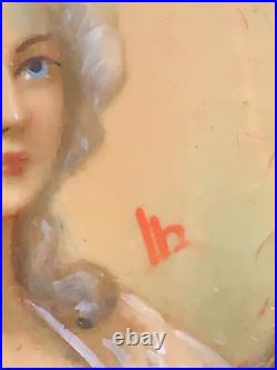Romantic French Antique Victorian Brooch Hand-painted lady, signed 1 5/8
