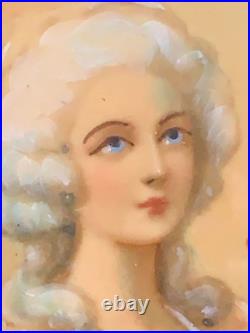 Romantic French Antique Victorian Brooch Hand-painted lady, signed 1 5/8