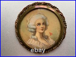 Romantic French Antique Victorian Brooch Hand-painted lady, signed 1 5/8
