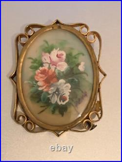 Romantic French Victorian Brooch Hand painted & Signed RENA Flowers 1 3/4