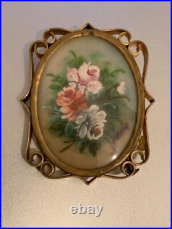 Romantic French Victorian Brooch Hand painted & Signed RENA Flowers 1 3/4