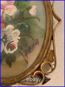 Romantic French Victorian Brooch Hand painted & Signed RENA Flowers 1 3/4