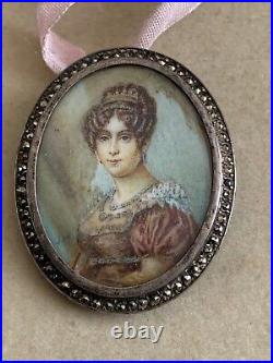 Romantic French Victorian Sterling Silver Brooch -Hand painted portrait Signed