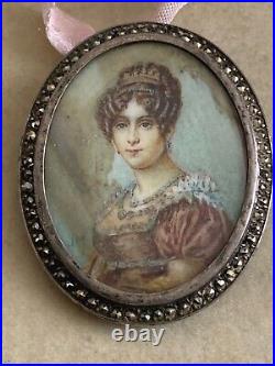 Romantic French Victorian Sterling Silver Brooch -Hand painted portrait Signed