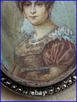 Romantic French Victorian Sterling Silver Brooch -Hand painted portrait Signed
