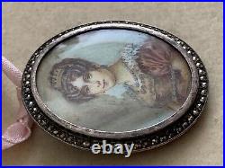 Romantic French Victorian Sterling Silver Brooch -Hand painted portrait Signed