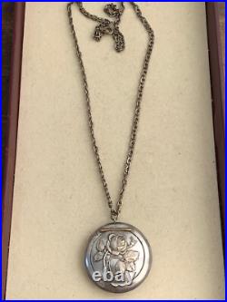 Romantique French Antique Necklace -Sterling silver powder box with mirror -Rose