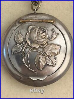 Romantique French Antique Necklace -Sterling silver powder box with mirror -Rose