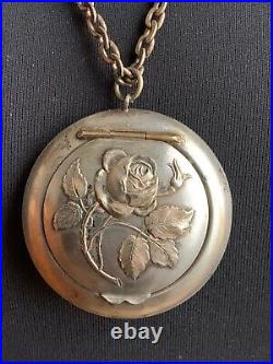 Romantique French Antique Necklace -Sterling silver powder box with mirror -Rose