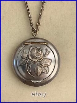Romantique French Antique Necklace -Sterling silver powder box with mirror -Rose