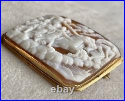 Scenic Cameo Antique Victorian 18K Yellow Gold Hand Carved Shell Brooch Pin