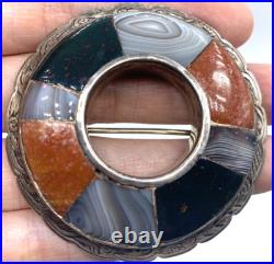 Scottish Sterling Silver Brooch Pendant Hand Chase Round Agate Victorian Antique