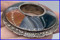 Scottish Sterling Silver Brooch Pendant Hand Chase Round Agate Victorian Antique