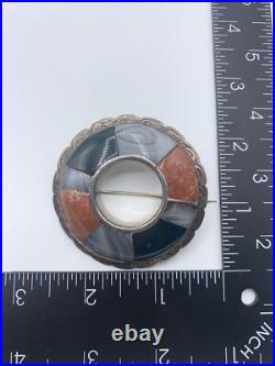 Scottish Sterling Silver Brooch Pendant Hand Chase Round Agate Victorian Antique