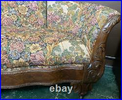 Serpentine Rare Antique Victorian Sofa Hand Carved Walnut FrenchTapestry Covered