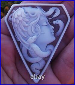 Shell Cameo Medusa Large Fine Quality Victorian Hand Engraved Brooch Pendant Top