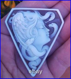 Shell Cameo Medusa Large Fine Quality Victorian Hand Engraved Brooch Pendant Top