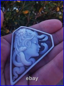 Shell Cameo Medusa Large Fine Quality Victorian Hand Engraved Brooch Pendant Top