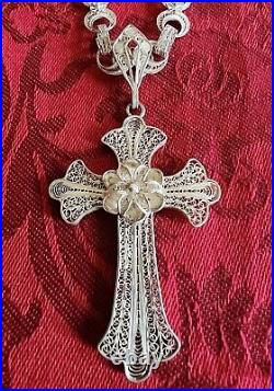 Signed Sterling Antique Cannetille Large Hand Filigree Cross 18 Necklace 30g