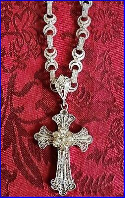 Signed Sterling Antique Cannetille Large Hand Filigree Cross 18 Necklace 30g