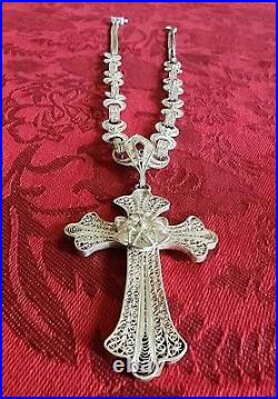 Signed Sterling Antique Cannetille Large Hand Filigree Cross 18 Necklace 30g