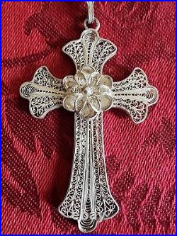 Signed Sterling Antique Cannetille Large Hand Filigree Cross 18 Necklace 30g