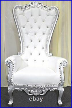 Silver Baroque Hand Carved Throne Chair With White Vinyl & Crystal Buttoning