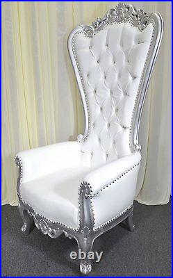 Silver Baroque Hand Carved Throne Chair With White Vinyl & Crystal Buttoning