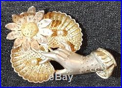 Silver & gold plate & seed pearl vintage Victorian antique hand & flower brooch