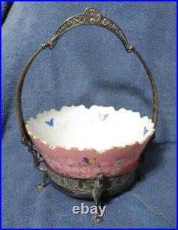 Silverplated Reed & Barton Cranes Brides Basket With Hand-Painted Glass Bowl