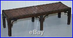 Small Early 19th Century Leather Woven Bench Style Footstool Hand Carved Wood