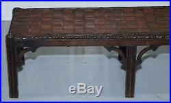 Small Early 19th Century Leather Woven Bench Style Footstool Hand Carved Wood