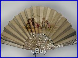 Spectacular XIX Century French Mother Of Pearl Silk Hand Painted Rare Motif Fan
