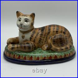 Staffordshire Ceramic Recumbent Cat w Ball Early Victorian Hand Painted Statue