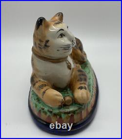 Staffordshire Ceramic Recumbent Cat w Ball Early Victorian Hand Painted Statue