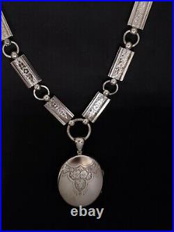 Sterling Silver Antique Victorian Collar And Locket 17 Hand engraved panels