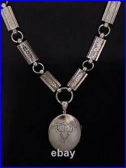 Sterling Silver Antique Victorian Collar And Locket 17 Hand engraved panels
