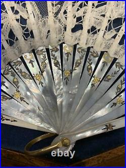 Stunning Antique Hand Fan Lace And Mother Of Pearl Framed Wall Case Box