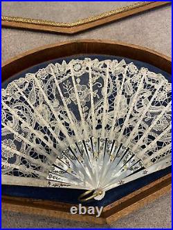 Stunning Antique Hand Fan Lace And Mother Of Pearl Framed Wall Case Box