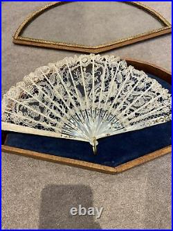 Stunning Antique Hand Fan Lace And Mother Of Pearl Framed Wall Case Box