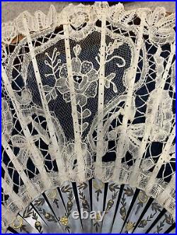 Stunning Antique Hand Fan Lace And Mother Of Pearl Framed Wall Case Box