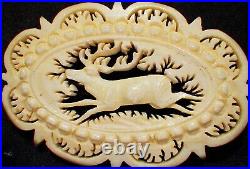 Stunning Antique Victorian Intricate Hand-Carved Bone Running Stag Deer Pin 2