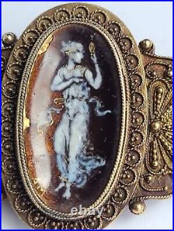 Stunning Antique Victorian Vermeil Hand Painted Brooch Signed A. M