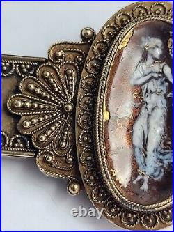 Stunning Antique Victorian Vermeil Hand Painted Brooch Signed A. M